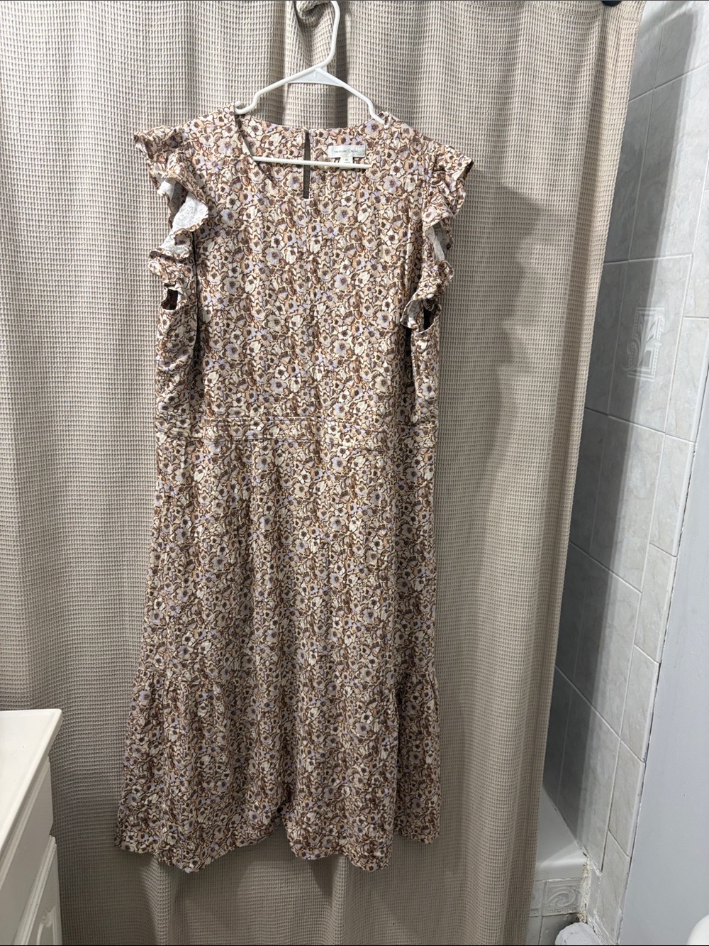 Treasure & Bond Cream Floral Print Dress with Brown and Lavender Accents nwot